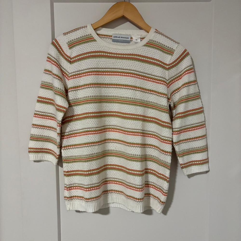 Green and Orange Stripes Boatneck Knit White Sweater Shirt with 3/4 Sleeves